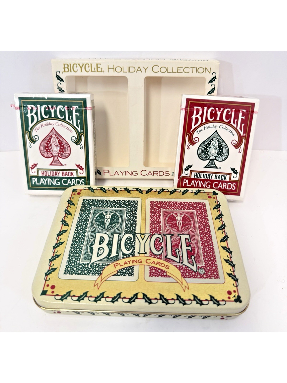 Sealed Vintage Two Deck Set of BICYCLE Holiday Playing Card w Original Tin Poker